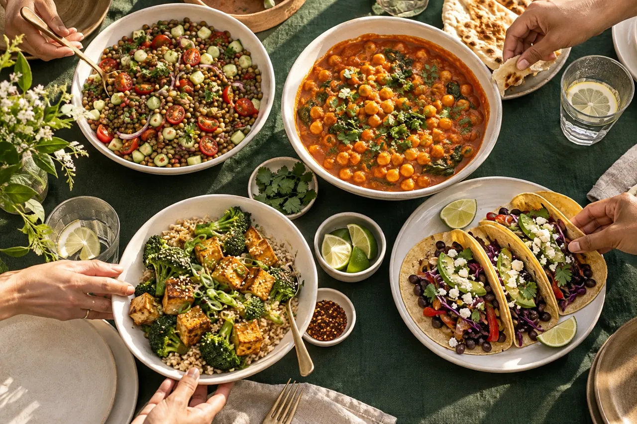 A shared table with four dishes